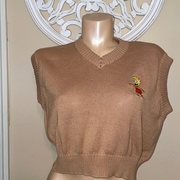 The Simpsons women’s medium sweater vest top tan cropped embroider Lisa vneck - Picture 1 of 7